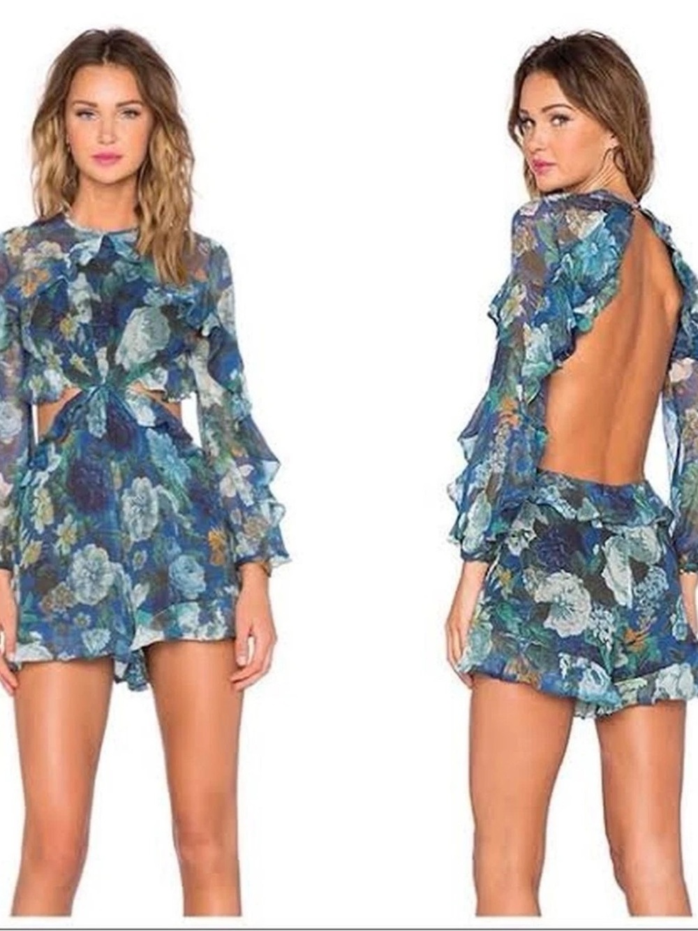 Zimmermann Blue Floral Backless Ruffle Romper
